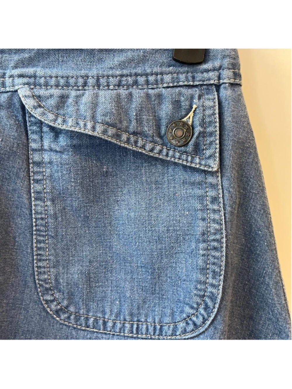 Vintage 70s A-Line Denim Midi Skirt Utility Pockets, Adjustable Waist 26-27” (S) - Picture 5 of 10